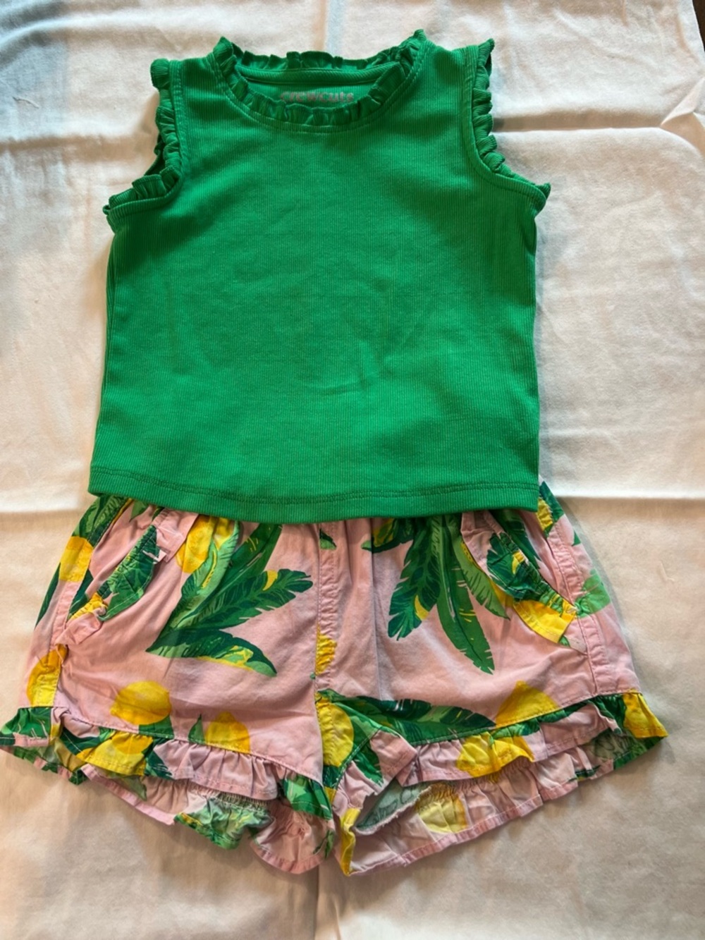 Crewcuts Two Piece Girls Kelly Green Ruffle Tank with Tropical Print Shorts. 3T